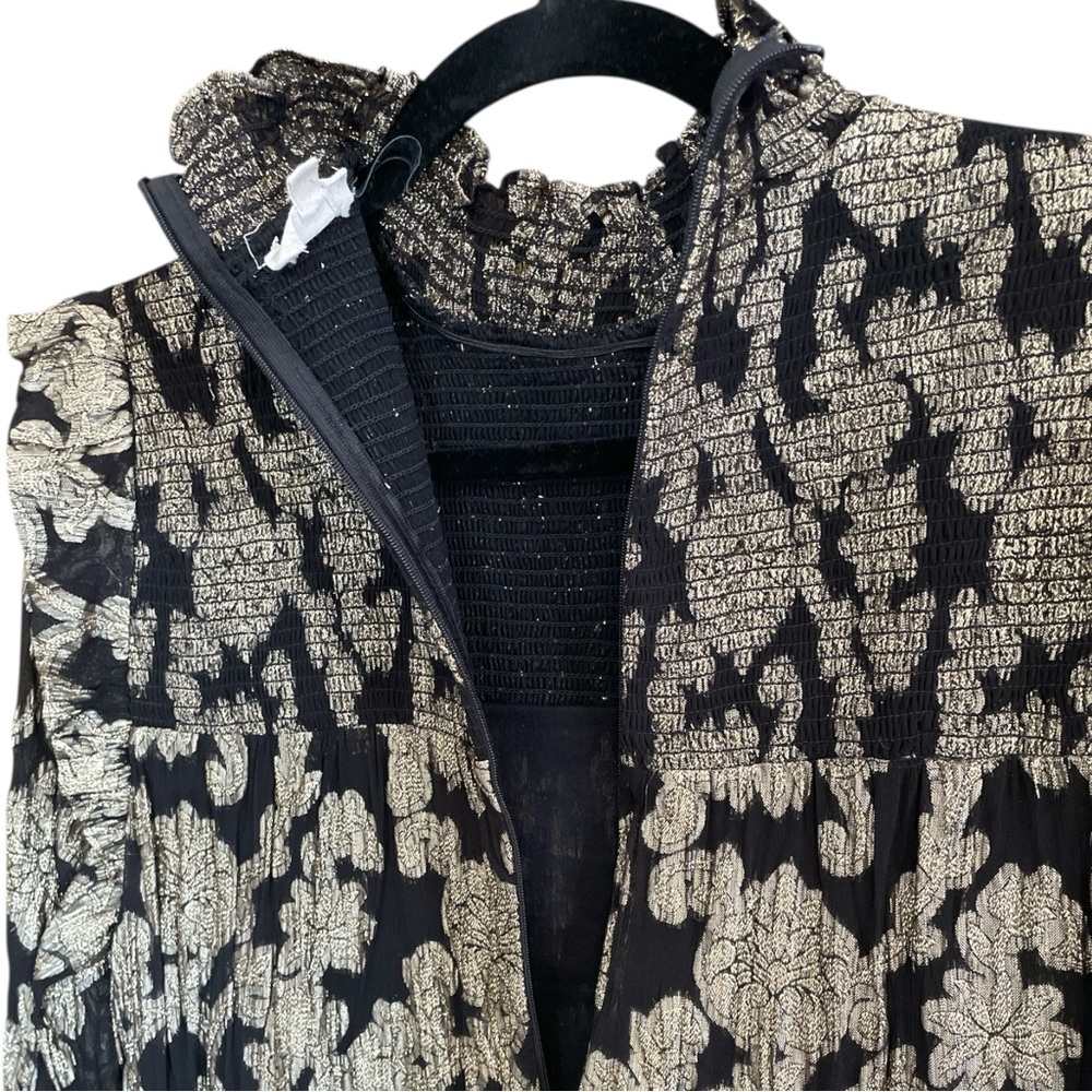 ELAN Metallic Mock Neck Mini Dress Women's M Black/Gold Floral Back Zip Closure - Picture 7 of 13